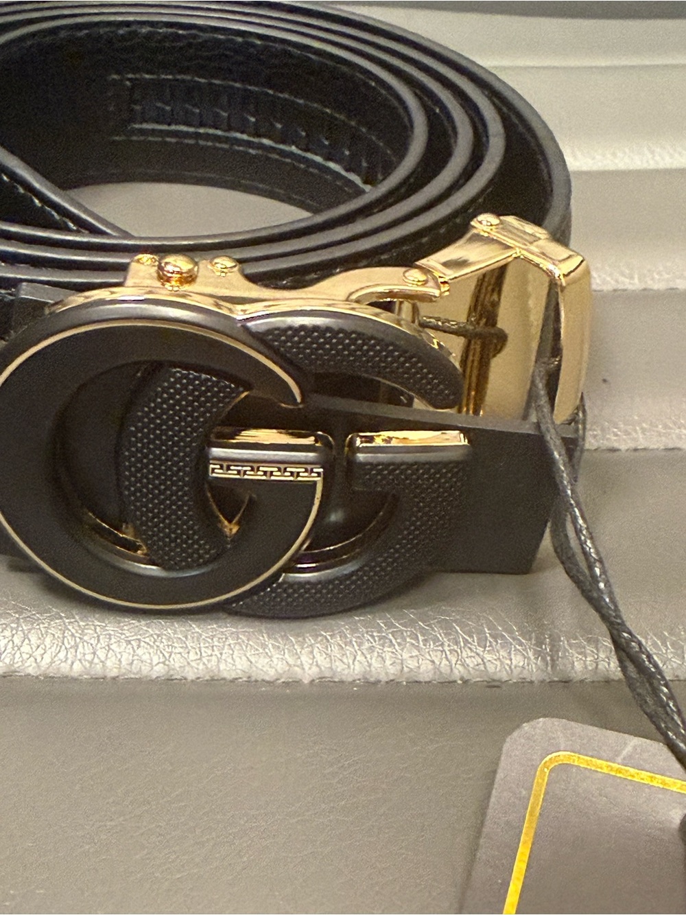 Black Leather Men’s Belt with Gold Double G Buckle